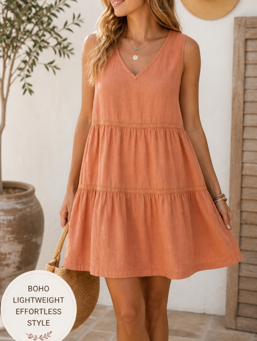 Lucky Brand 100% Linen Tiered Coral Mini Tank Dress Beach Boho Cottage Prairie M
